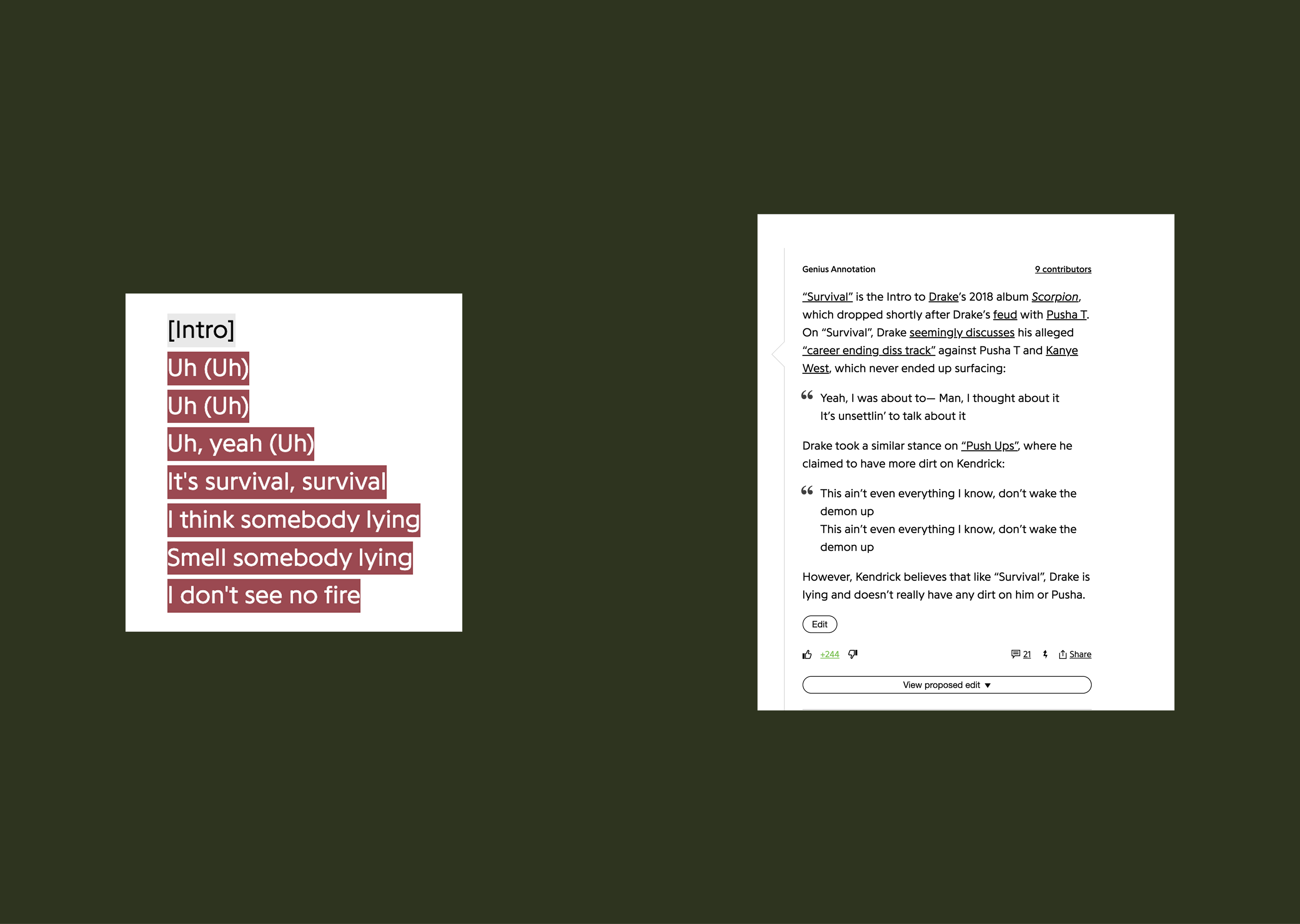 Specific lyrics link to their meanings (text created by members of the community)