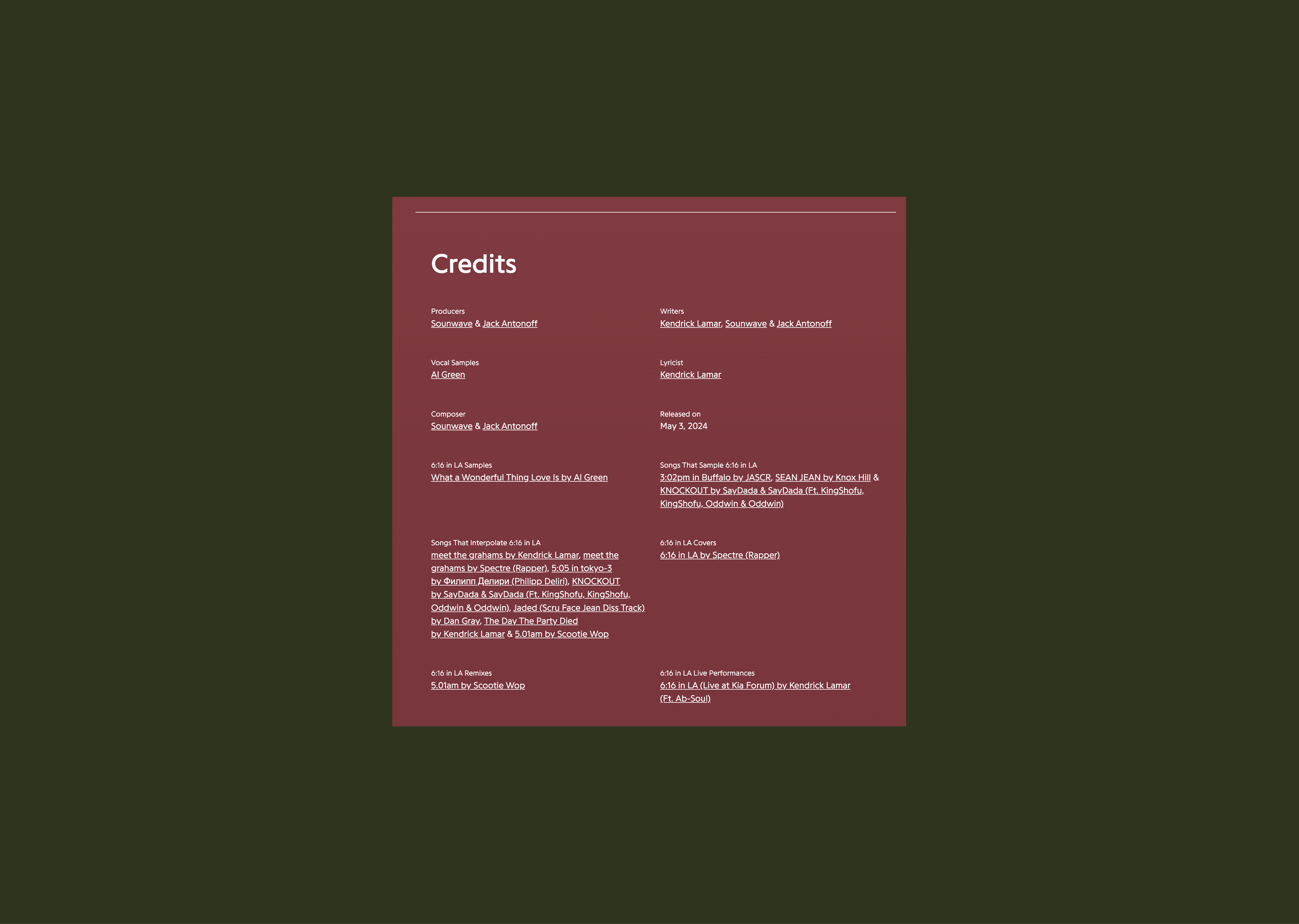 On the bottom of any song's page, there is an extensive list of credits and a index of works linked through interpolation, sampling, etc.