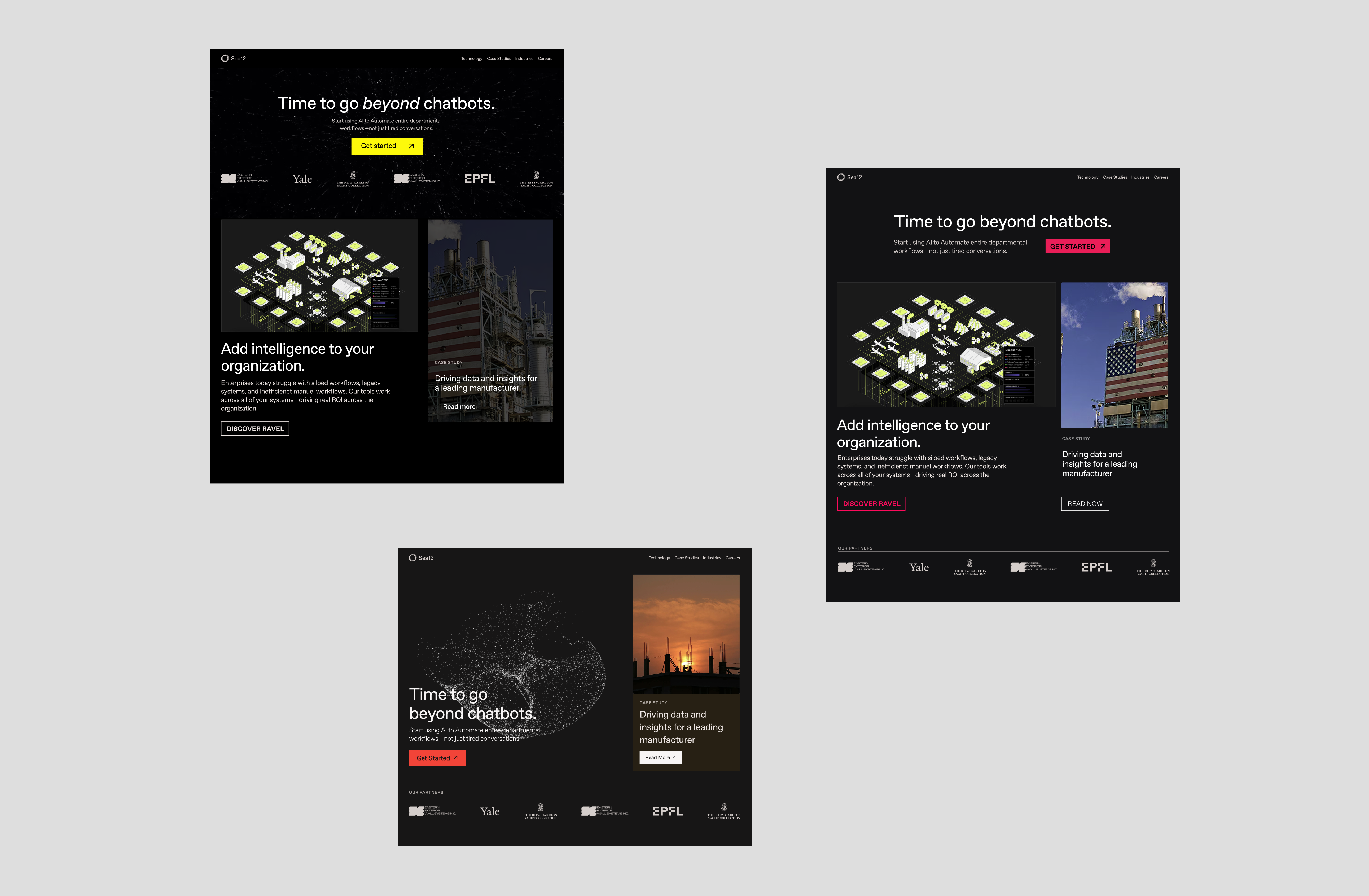 Landing page wireframes, all embracing "jarring design"