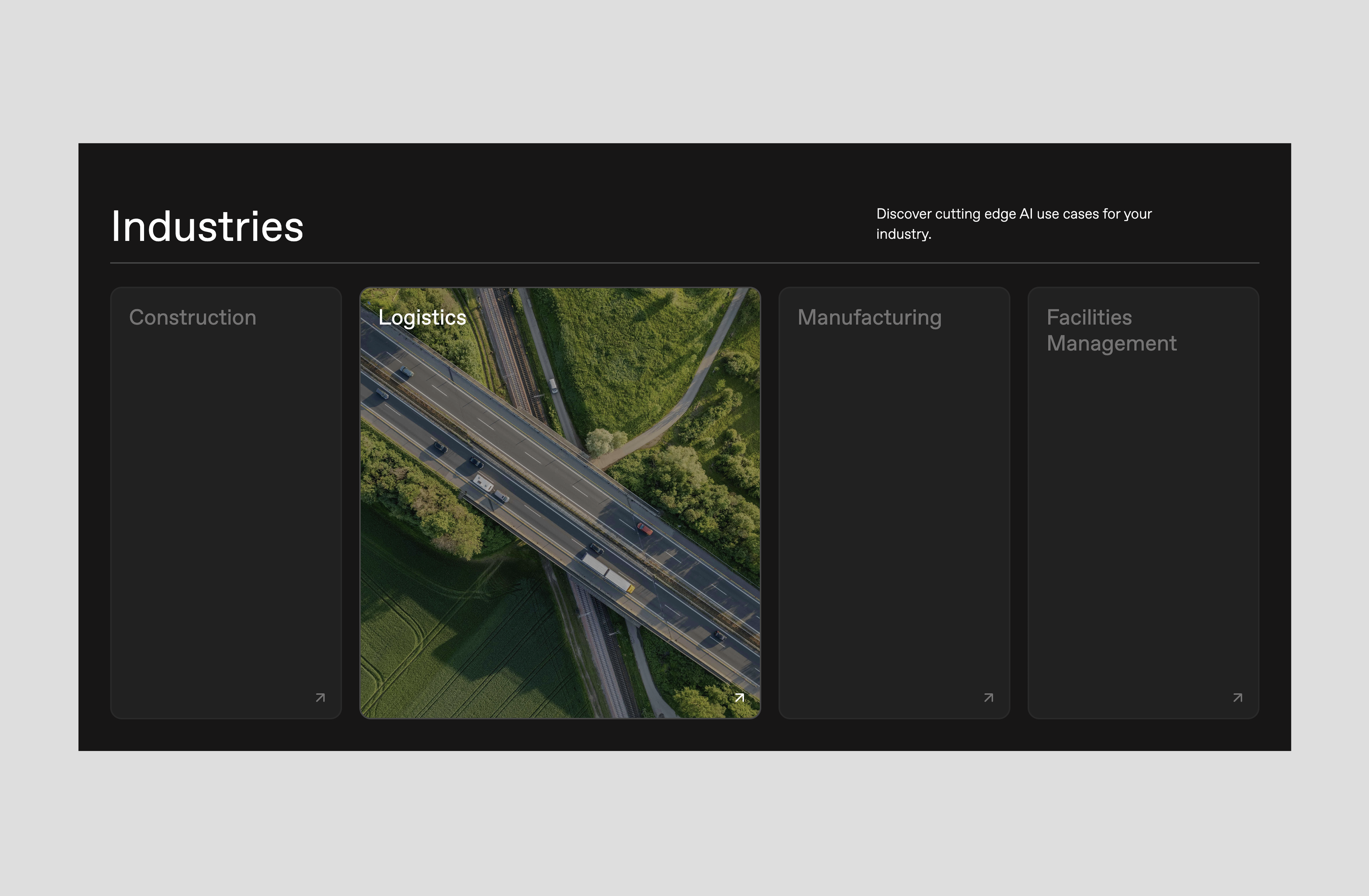 Industries section with hover effects on landing page